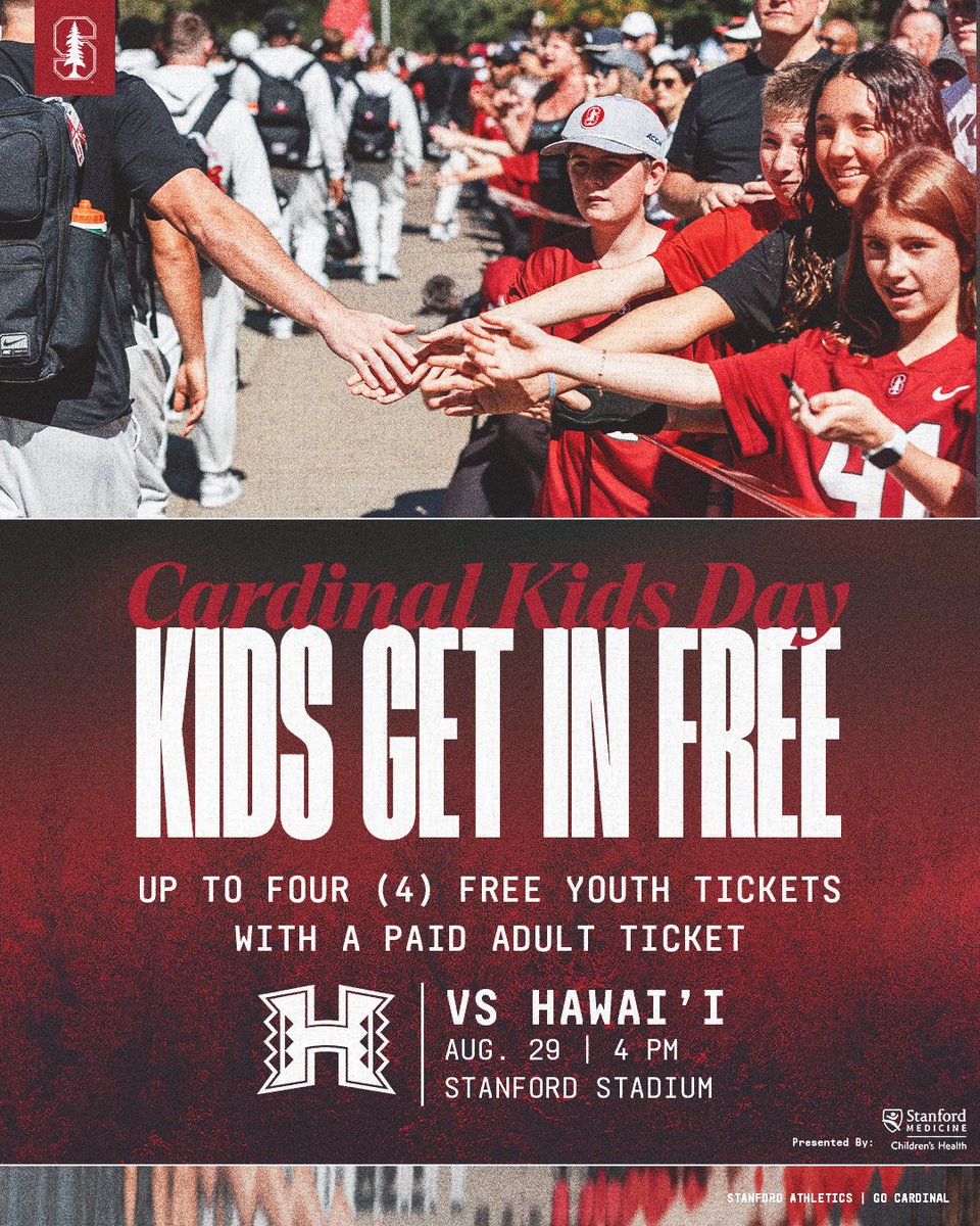 StanfordFball's tweet photo. Bring the whole crew to The Farm. 🌲

Cardinal Kids Day is coming to the home opener on Aug. 29. Get up to four free youth tickets with the purchase of a single-game ticket in select areas.

🎟️ https://t.co/rsZ0zwWAaE https://t.co/vLv6NLXXK4