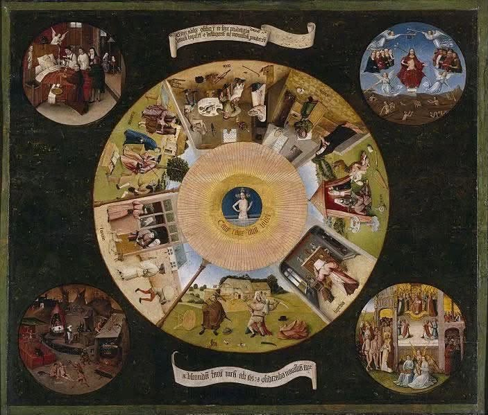 As_above_So_me's tweet photo. ”七つの大罪と四終”

-- Hieronymus Bosch --

四つの小さな円は「死・最後の審判・天国・地獄」を示し、大きな円の中に描かれた七つの区切りは「憤怒・嫉妬・強欲・暴食・怠惰・色欲・傲慢」を示している。

拡大してみると、一つひとつ丁寧に描かれていることがわかります🧙‍♀️ https://t.co/R4aI8g5phh