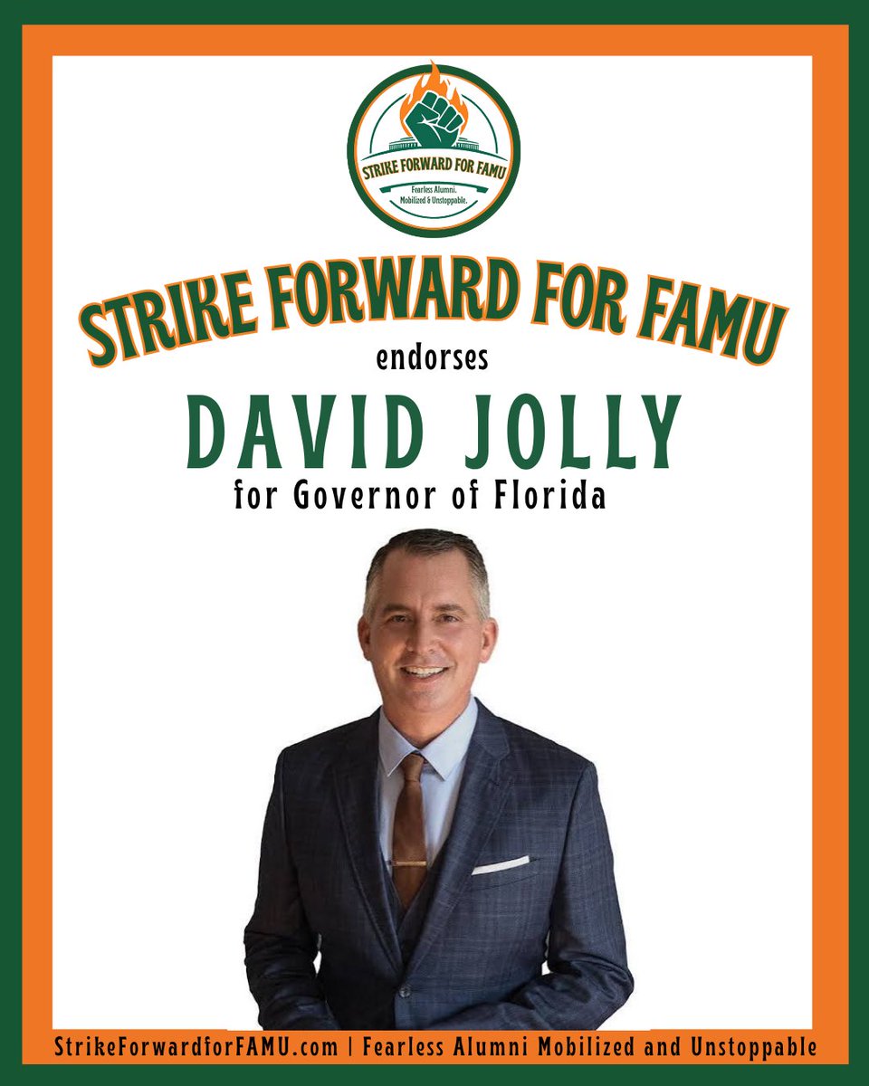 Strike4wardFAMU's tweet photo. Early voting is going on now! Florida’s Governor’s race is on the ballot, and it matters who serves in that office. Check out some of the positions David Jolly has made that will impact FAMU. Make your plan to vote early between August 8-15, 2026 (verify dates with your county) https://t.co/XHdQIDS5L9