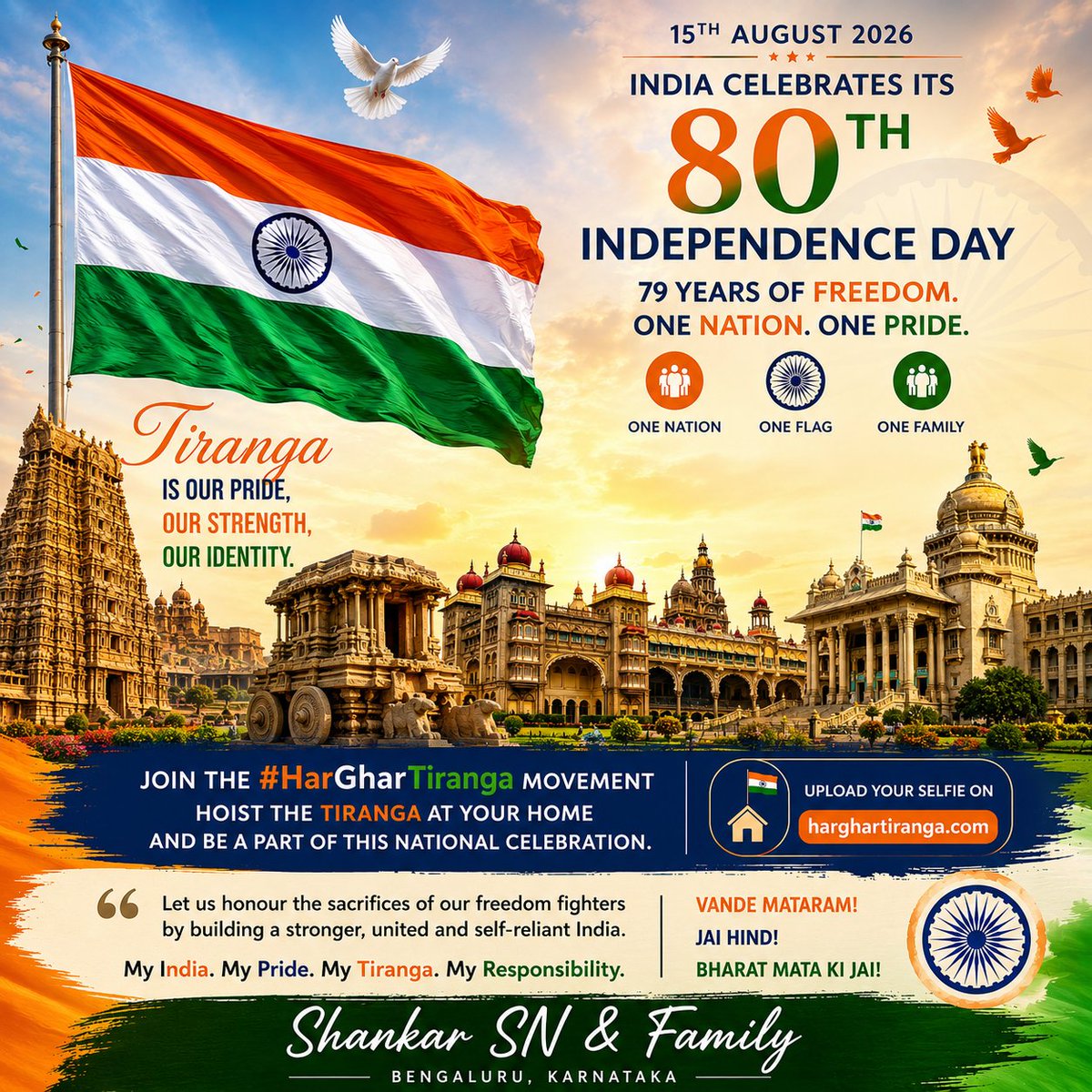 PRO_Shankar_'s tweet photo. 🇮🇳 80th Independence Day 🇮🇳
🇮🇳 A Salute to Bharat 🇮🇳

🇮🇳 This Independence Day, let the Tiranga fly high in every Indian heart, every home and every corner of our great nation.
#UnityInDiversity #AzadiKaAmritMahotsav #India #Bharat #JaiHind 🇮🇳 https://t.co/K8HeWYk4dL