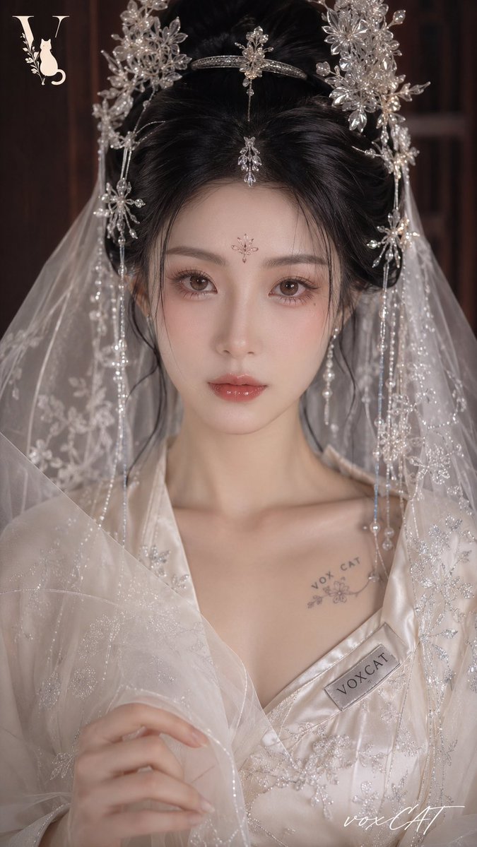VoxcatAI's tweet photo. 白衣与轻纱，把古典东方美人压进一层柔软的光里。银簪、花钿、胭脂与暗红木色之间，有一种很克制的清冷和圣洁感。

视觉关键词：新中式古风、白衣美人、东方新娘、透明白纱、银色步摇、黑色盘发、长鬓发、花钿、胭脂眼妆、樱桃水光唇、象牙白缎面、银线刺绣、柔和逆光、暗红木质背景、浅景深、人像特写、柔焦、高清精修、低反差、奶油���光、清冷神态、静态手势、圣洁感、短视频古风写真。