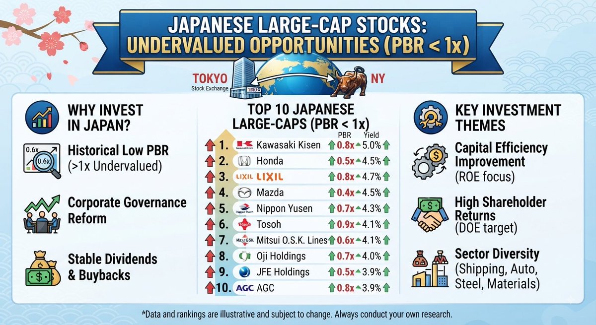 Humble__trading's tweet photo. 🇯🇵 Unlocking Value in Japanese Equities!
TSE reforms make PBR < 1x large-caps a top opportunity. Here are 10 major Japanese stocks with low valuations, 3.9%–5.0% yields, and strong shareholder returns. https://t.co/6eJf7dshIQ