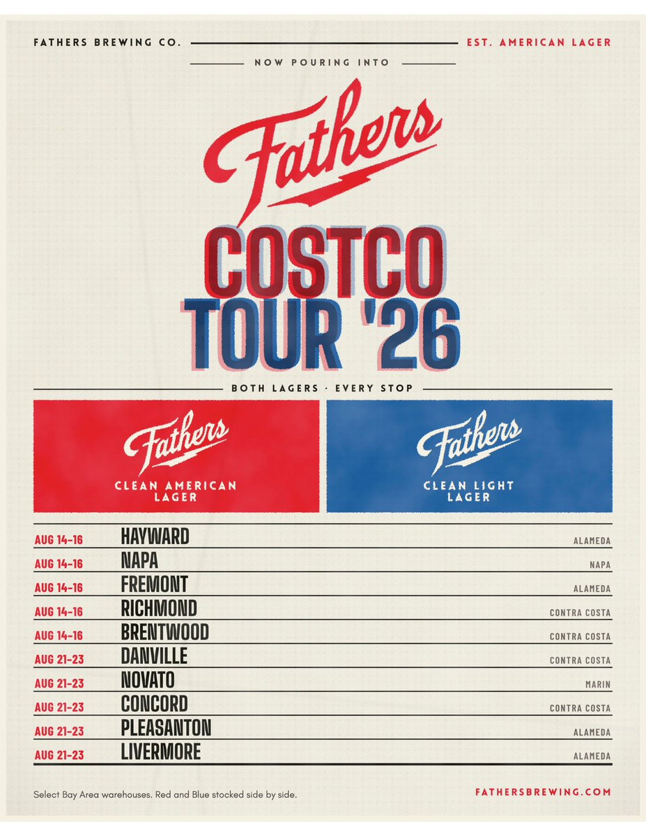 FathersBrewing's tweet photo. THE FATHERS COSTCO ROAD SHOW 🚨

We’re hitting the road, one Costco at a time. 🍺🛒

Come grab a 12-pack, meet the Fathers, and find out why hanging out at Costco all weekend might be the best job in America.

📍 Dates + locations below 👇

#CleanBeer 
Questionable road trip decisions.
See you at Costco. 🍻