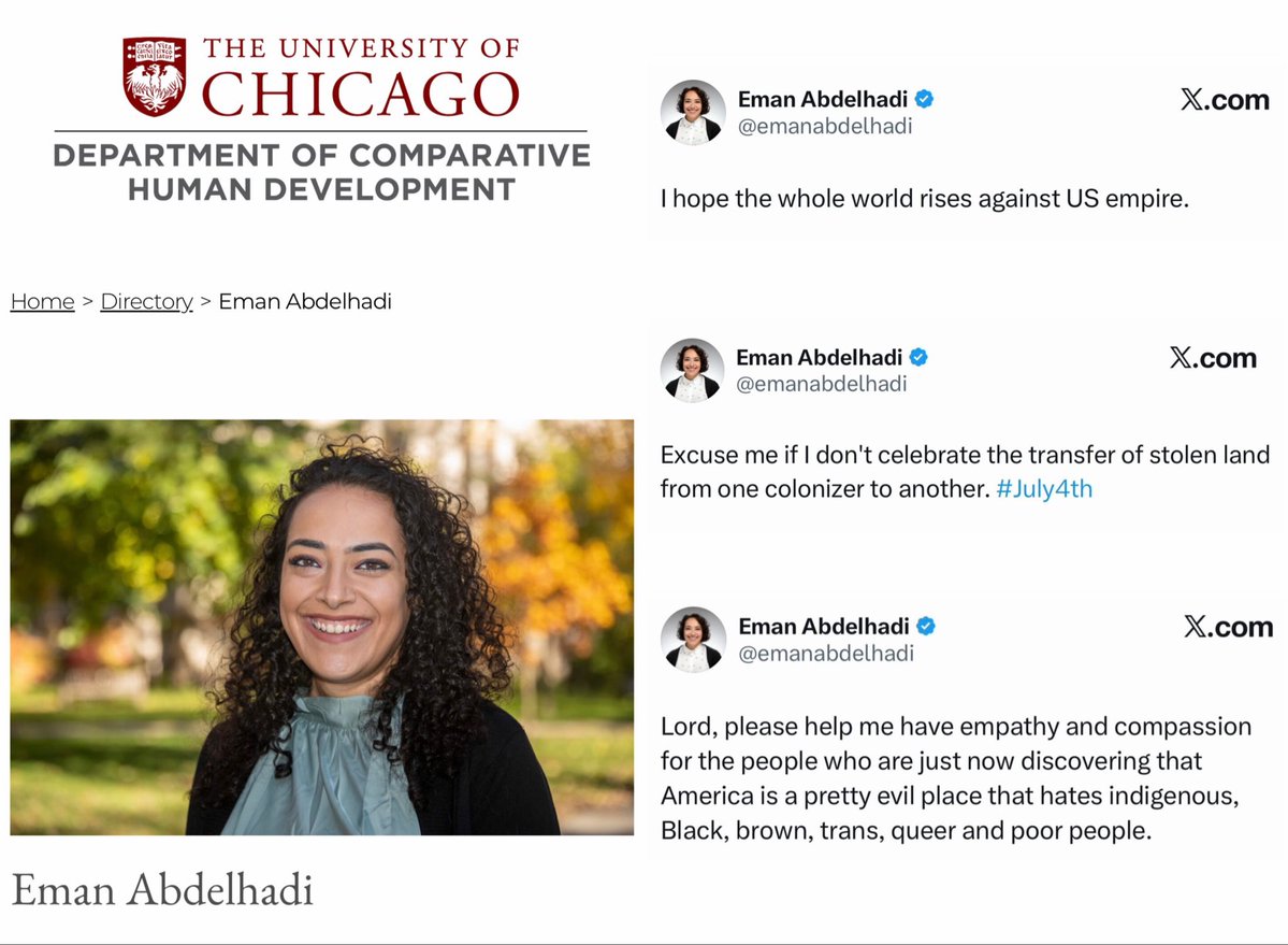 libsoftiktok's tweet photo. Meet MI Democrat Senate nominee Abdul El-Sayed’s sister

This is what she thinks of the U.S.

She’s also a professor at @UChicago.

Why is @UChicago employing this radical lunatic who wants America to burn? https://t.co/W5dsXK8MHD