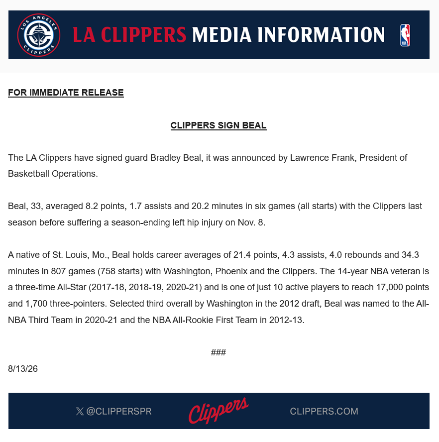 ClippersPR's tweet photo. CLIPPERS SIGN BEAL https://t.co/V2xdgvdn4m