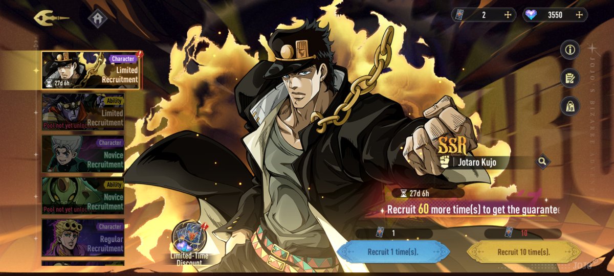 PERSONPERSON129's tweet photo. @josukepillled Pretty sure there saving the rest of the Joestar for those premium banners cause the Jotaro banner is on a timer https://t.co/S3fhhFK2Rm