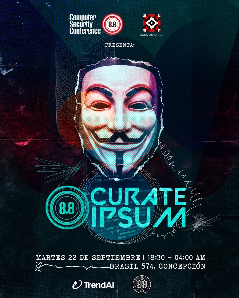 8dot8's tweet photo. ¿Qué pasa si tomamos una conferencia de ciberseguridad, una competencia hacker (CTF), un encuentro de CISOs y una fiesta electrónica y hacemos que todo ocurra al mismo tiempo?

Nace 8.8 Curate Ipsum.

📅 22 de septiembre
🕕 18:00 a 04:00 AM
📍 Casa de Salud | Brasil 574, Concepción

Link para comprar tu entrada en https://t.co/upuZAw13KR
