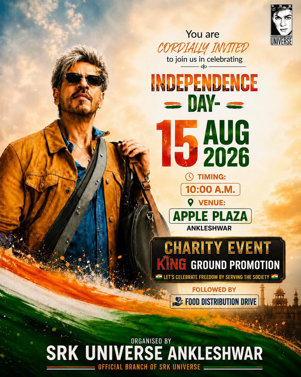 cho9088's tweet photo. 🇮🇳 આઝાદીનો ઉત્સવ, King નો જુસ્સો! ❤️‍🔥
15 August • 10 AM • Apple Plaza, Ankleshwar 🇮🇳
Charity Event + King Ground Promotion 👑
By SRK Universe Ankleshwar ❤️
.
.

Shah Rukh Khan

#KING #ShahRukhKhan #SRK #KingKhan #ItsKingTime
.
SRKUniverseAnkleshwar King https://t.co/6YOxXHyoRE