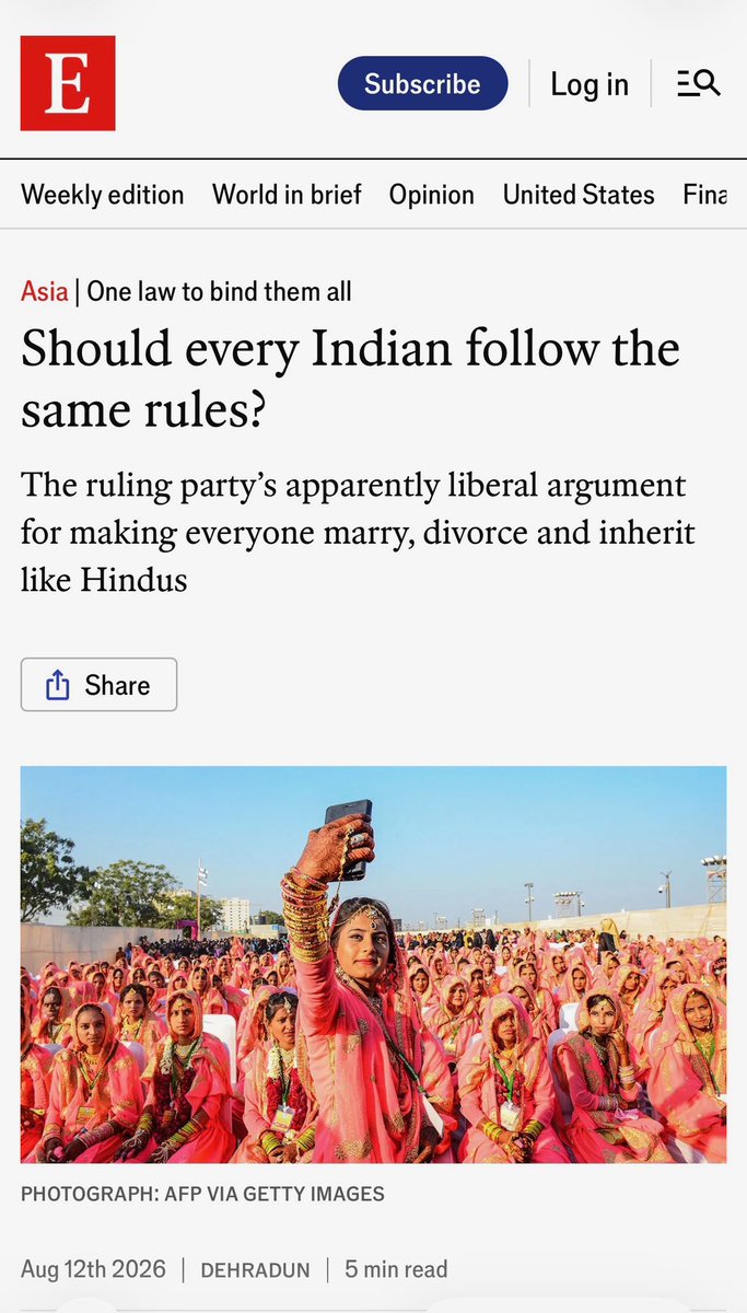 SuhagAShukla's tweet photo. For India, @TheEconomist opines that Sharia law should be enforced alongside any Indian uniform civil codes.

For the UK, @TheEconomist opines that enforcing Sharia law alongside any British uniform civil codes "poses problems."

Rules for thee, but not for me? 🤔 https://t.co/4NtwIMxvDc