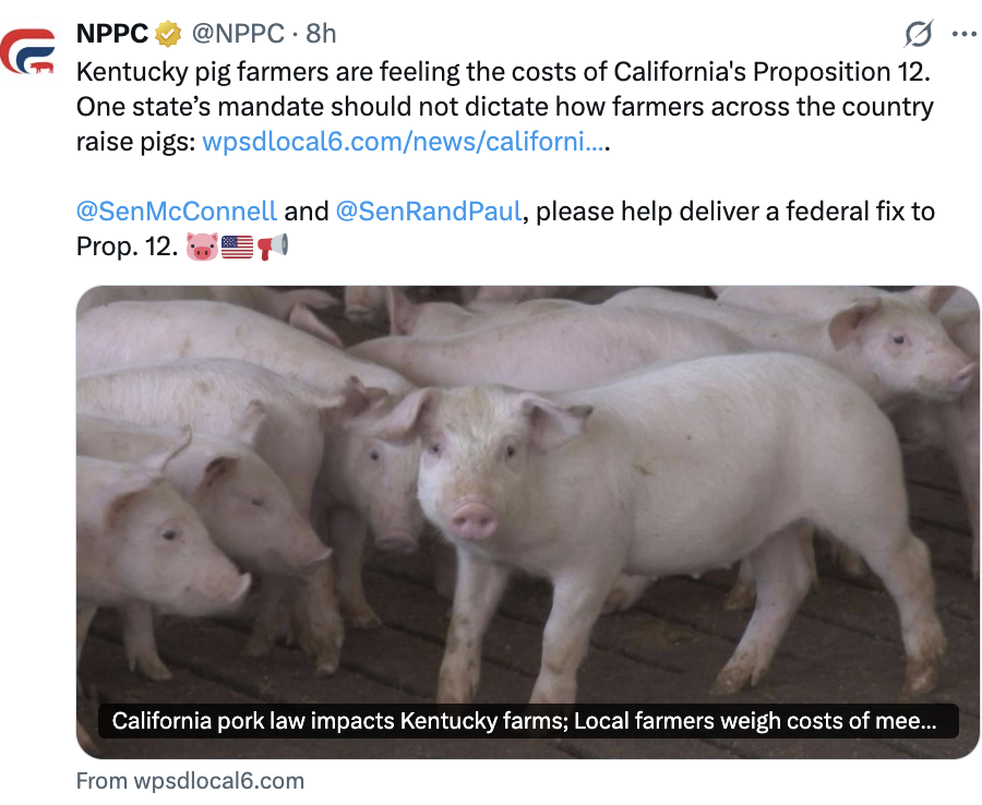 drcrystalheath's tweet photo. I can't anymore with these people and their efforts to keep pregnant pigs confined to gestation crates for 114 days of their pregnancy.
California does not dictate what other states do, just what can be sold in its state.
Mitch McConnell is their only hope. 🤡
#prop12 #fixprop12 #saveourbacon #farmbill