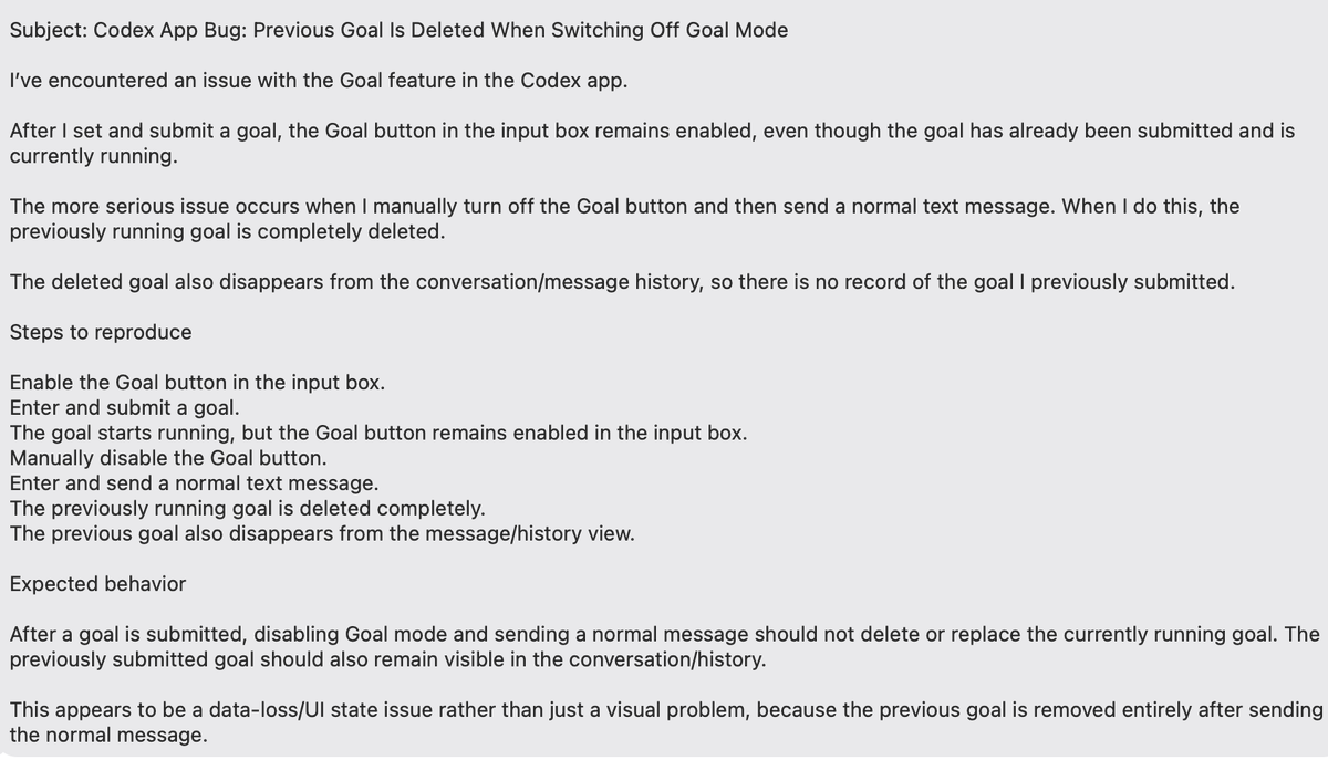 eeeyieee's tweet photo. @thsottiaux  Running Goal Is Deleted When Switching Off Goal Mode
After I set and submit a goal, the Goal button in the input box remains enabled

The serious issue occurs when I manually turn off the Goal button and send a normal text msg. the running goal is deleted. https://t.co/YFSwmXKtpq