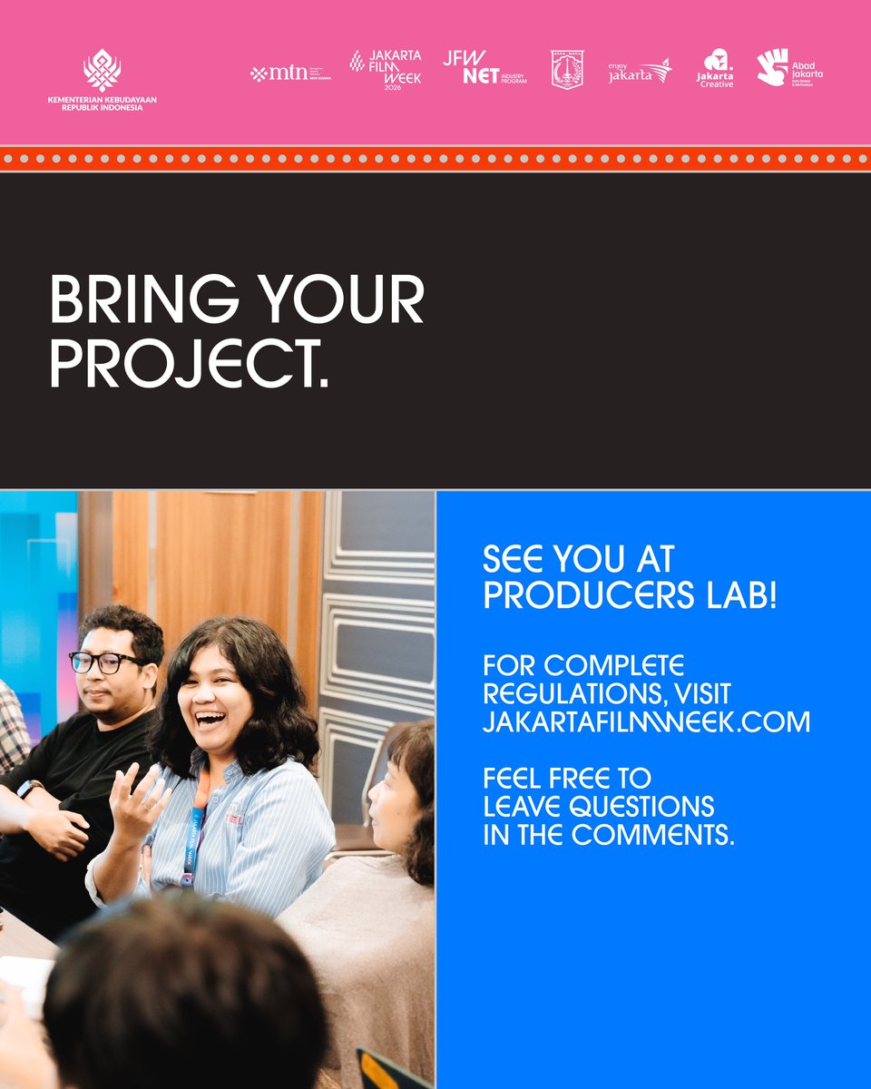jakartafilmweek's tweet photo. Open Call: Producers Lab x MTN Lab!

Submit your project by 28 August, 23.59 WIB

Find the submission details and full regulations at https://t.co/xBJx3XkwKJ

See you at the Lab!!! https://t.co/voUs61lwoe
