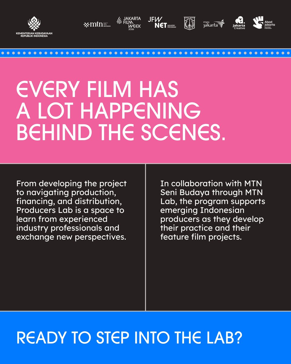 jakartafilmweek's tweet photo. Open Call: Producers Lab x MTN Lab!

Submit your project by 28 August, 23.59 WIB

Find the submission details and full regulations at https://t.co/xBJx3XkwKJ

See you at the Lab!!! https://t.co/voUs61lwoe