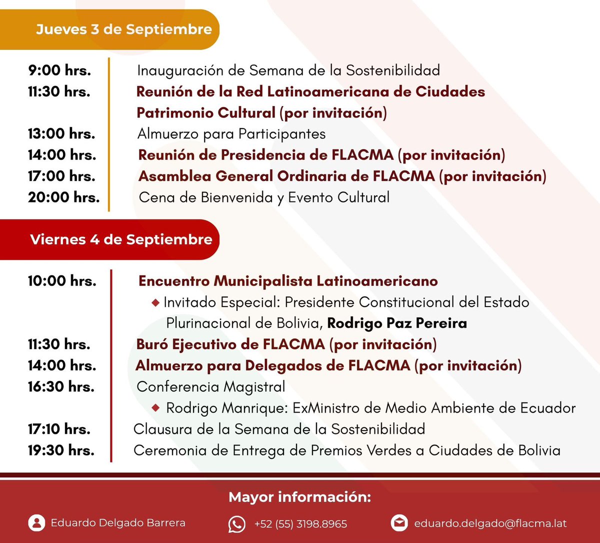 FLACMA_'s tweet photo. Conoce el Programa General de nuestro <Encuentro Municipalista Latinoamericano>

🗓️ Sucre🇧🇴/Septiembre 2-4

Eventos #FLACMA: Asamblea General, Buró Ejecutivo, Reunión Presidencia y Comité Técnico 📩 por invitación

✅ Semana de Sostenibilidad y Patrimonio Cultural; Premios Verdes https://t.co/rZxuXFSpbd