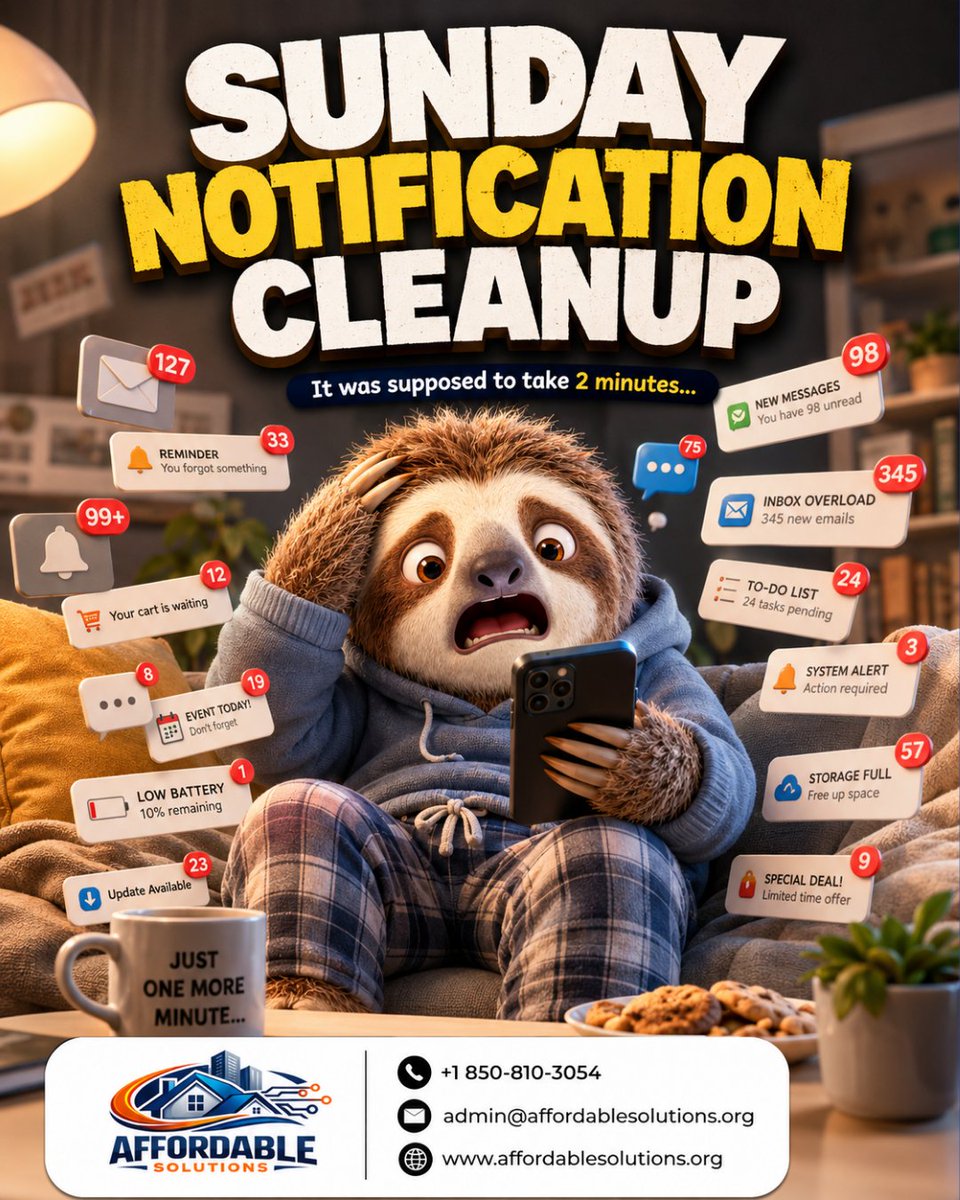 Affordable43652's tweet photo. I’ll clear a few notifications…” 30 minutes later: still going.
Who else needs a Sunday digital cleanup?
📞 (850) 660-7494
📧 admin@affordablesolutions.org
🌐 https://t.co/6gg5EtYrI2
#AffordableSolutions #SundayCleanup #NotificationOverload #DigitalLife #TechHumor https://t.co/gJMljOamSD