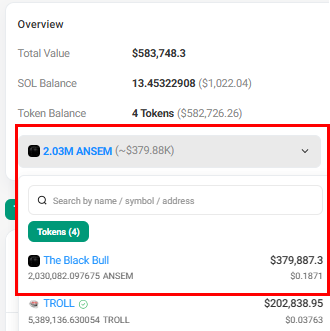 StalkHQ's tweet photo. Wintermute just funded a fresh wallet with $295K, which went on to buy $287.8K of $ANSEM

This wallet was created just 2 days ago and funded by Wintermute

In the last 11 hours, it accumulated 1.427M ANSEM for $287.86K

Wallet: GbjZc5KvF5r2rpev3Fx2mNGq5izi8Lg46abo6zWbRmhu

It gets more interesting...

1 month ago, another wallet linked to this fresh wallet accumulated 1.7M ANSEM for $237.3K, then sold 1.071M tokens for $135K

Wallet: 4TUWahBJoVpHoBfgHsB41Lfps2gp35WTzsgr1WH2vKk4

Now, 7 hours ago, that wallet transferred 603.15K ANSEM to:

Ah9TMgMGqwfJbRsShArRxMNsaZ6P2oyHdyjXgA8YAi22

The wallet now holds 2.03M tokens worth $379k and owns 0.203% of supply, making it the 26th largest wallet