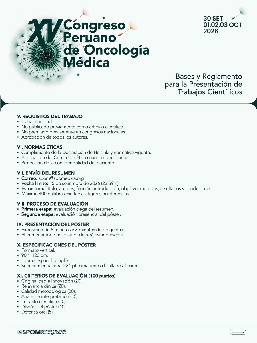 PeruanaSpom's tweet photo. 📢 Convocatoria | Concurso de Pósters 2026

¿Tienes una investigación en Oncología Médica? Preséntala en el XV Congreso Peruano de Oncología Médica.

Envío de resúmenes: hasta el 15 de septiembre.
spom@spomedica.org

Comparte esta convocatoria con colegas.

#SPOM  #Oncología https://t.co/2fGGP1gDrU