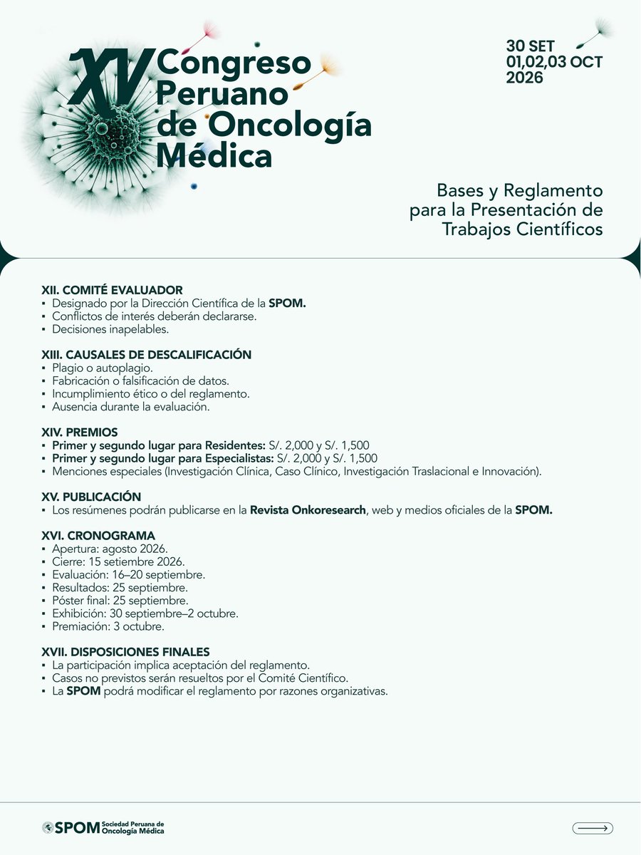 PeruanaSpom's tweet photo. 📢 Convocatoria | Concurso de Pósters 2026

¿Tienes una investigación en Oncología Médica? Preséntala en el XV Congreso Peruano de Oncología Médica.

Envío de resúmenes: hasta el 15 de septiembre.
spom@spomedica.org

Comparte esta convocatoria con colegas.

#SPOM  #Oncología https://t.co/2fGGP1gDrU