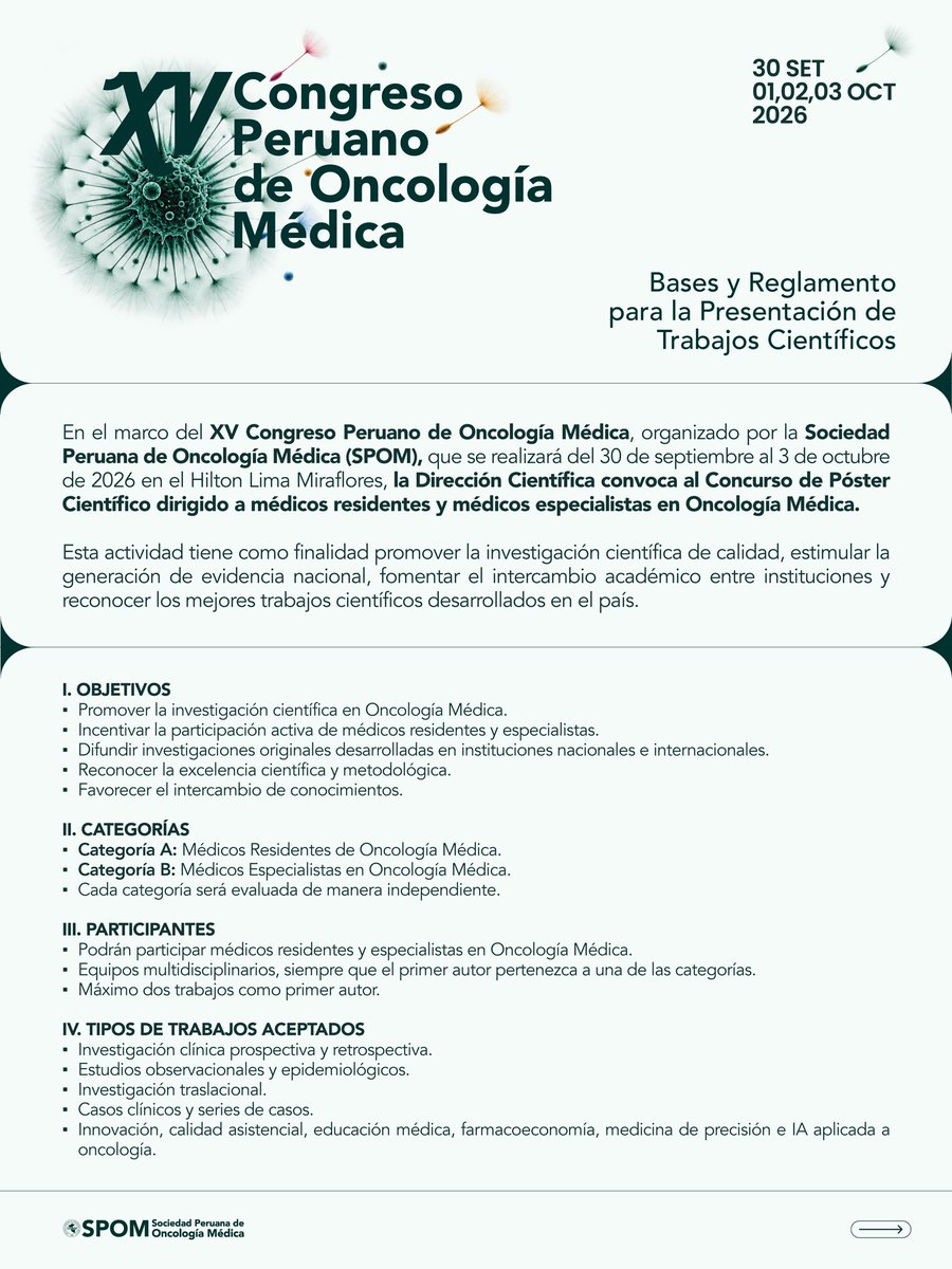 PeruanaSpom's tweet photo. 📢 Convocatoria | Concurso de Pósters 2026

¿Tienes una investigación en Oncología Médica? Preséntala en el XV Congreso Peruano de Oncología Médica.

Envío de resúmenes: hasta el 15 de septiembre.
spom@spomedica.org

Comparte esta convocatoria con colegas.

#SPOM  #Oncología https://t.co/2fGGP1gDrU