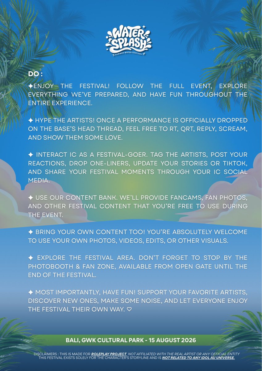 BYHORIZONLIVE's tweet photo. ㅤ
And here are the DO’s &amp; DON’Ts to keep in mind while you’re at WATER SPLASH. 

Give it a quick read before jumping into the fun keep it cool, respect the rules, and let everyone enjoy the festival!
ㅤ https://t.co/IDR6GQGx1X