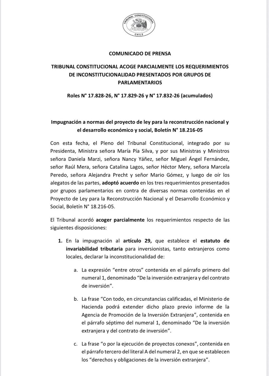 tribconst_chile's tweet photo. ⚖️ Tribunal Constitucional acogió parcialmente los requerimientos de inconstitucionalidad presentados por grupos de parlamentarios. https://t.co/E0qZvQRWey