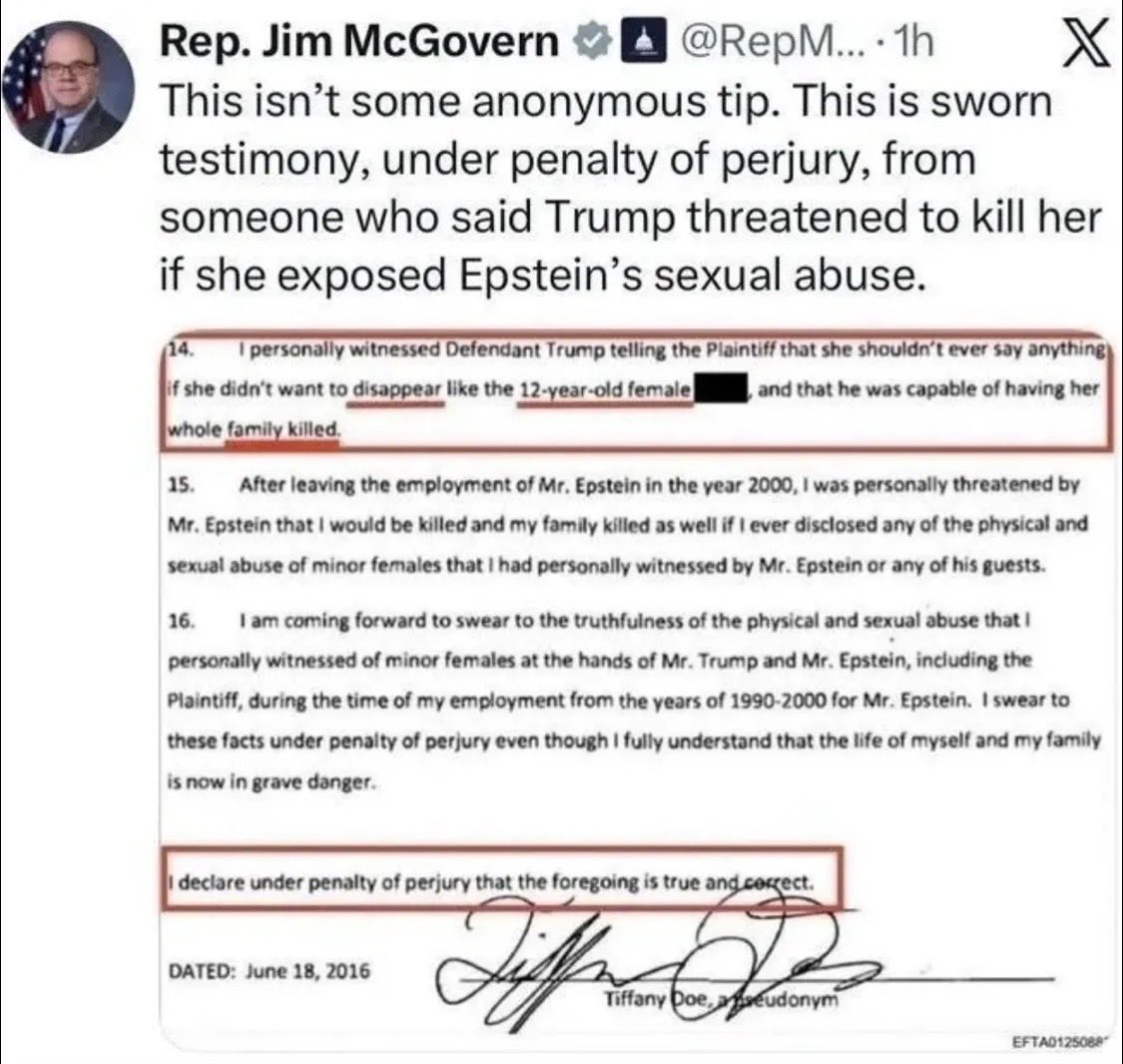IrmaGerd_WTF's tweet photo. @ChairmanAlex And, my favorite - the President is named in SWORN TESTIMONY in an FBI file included in the Epstein files for threatening her life after abusing her. Alex, good people of Ohio don’t vote for this. Nor do they respect you or anyone who does. https://t.co/5n5lZAqxkd