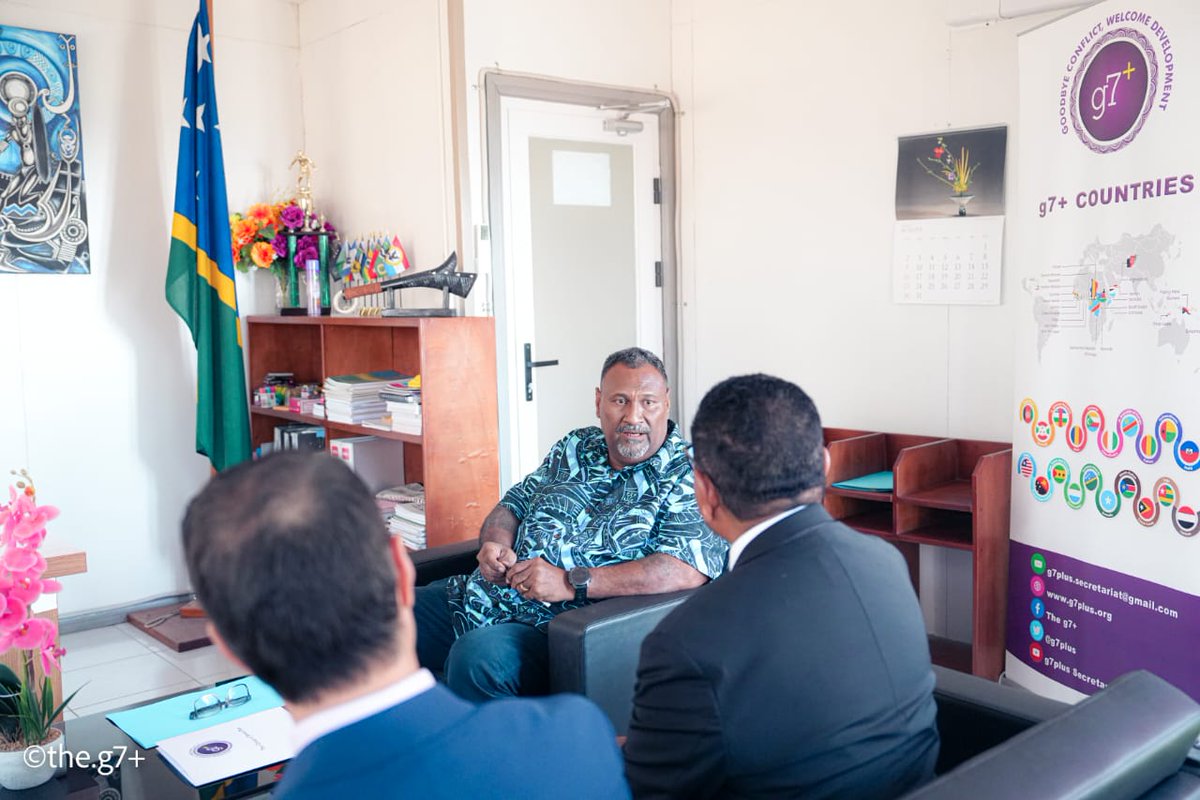 g7plus's tweet photo. @g7plus led by Secretary-General Dr. Hélder da Costa, met Hon. George Temahua, Minister for Peace & Ecclesiastical Affairs, to strengthen cooperation on peacebuilding, land governance and community-led development.

Discussions highlighted #SolomonIslands’ homegrown approaches to land dispute resolution, customary governance, traditional leadership and conflict prevention, as well as opportunities for peer learning.

The meeting also discussed advancing the g7+ Charter ratification process and strengthening coordination with development partners.
