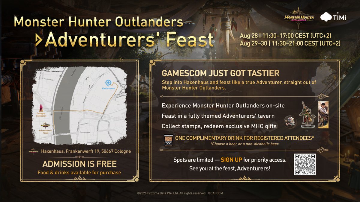 MHO_English's tweet photo. 🎉 The Monster Hunter Outlanders Pop-Up Event #MHOFeast is Coming!
Monster Hunter Outlanders is hosting an offline themed event in Cologne!
Hands-on demos, delicious food, and exclusive merch—come check it out!
⏰ Registration opens August 16 at 14:00 CEST (UTC+2)
📌 Spots are limited, Adventurers—set your alarms and click the link below to register!
🎁 Follow our official X account (@MHO_English), repost and comment on this post! 5 lucky Adventurers will be selected to enjoy exclusive community seats at the offline event, free meals, and limited-edition MHO merch! The winners can each bring a friend to enjoy all these bonuses together!
*The drawing event will end on August 21 at 23:59 CEST (UTC+2). We will contact winners via our official X account and assist you with seat registration for the on-site event.
Event Schedule
· August 28 | 11:30–17:00 CEST (UTC+2)
· August 29–30 | 11:30–21:00 CEST (UTC+2)
Location
· Haxenhaus, Frankenwerft 19, 50667 Cologne (3km from Koelnmesse)
Registration Link
https://t.co/wdpiqjZ5gz
#MHOFeast #MHO #MHOutlanders #MonsterHunterOutlanders