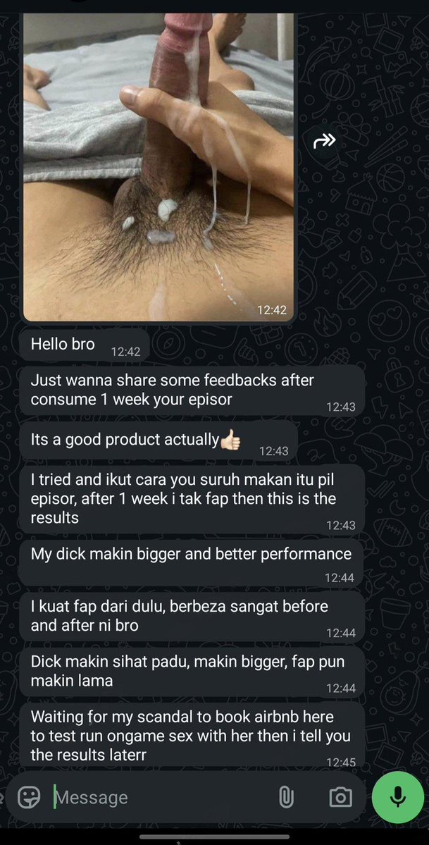 RahsiaPahlawan's tweet photo. "Betul lah apa yang abang cakap, kalau consume konsisten Episor ni boboy akan makin padu

Lepas setengah bulan consume boboy saya makin kembang berurat, keras pun kemain lagi besar 2 cekak

Saya test main dengan awek Omi baru ni pun dia puji saya paling padu dari ex2 dia

Saya doggy dia setengah jam nonstop lama gak susah pancut and bermacam skill lagi buat pun boleh lepas

3 round saya bedal pussy dia lanyak habis, pancut atas perut dia banyak gila air mani saya even dah 3 round bang"

Itulah padunya Episor yang fully herba ni 😆

Memang syok bang ingat nak repeat lagi, nyesal saya tak amalkan dari dulu huhu

Nak Episor padu ni mehh wasap aku terus sebab harga promo jekpot dah nak tamat👇🏻

https://t.co/XGZ6tAdoDz