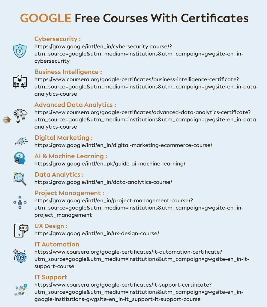 Dilesh2004's tweet photo. GOOGLE Free Courses With Certificates

• Cybersecurity
https://t.co/fAIFAy869l…

• Business Intelligence
https://t.co/e5SDtyXkb7…

• Advanced Data Analytics
https://t.co/e5SDtyXkb7…

• Digital Marketing
https://t.co/NSQt9712QC…

• AI & Machine Learning
https://t.co/Yv2YIn3i94…

• Data Analytics
https://t.co/MhwDRNw7WV…

• Project Management
https://t.co/AArshklHfq…

• UX Design
https://t.co/jQW3pwWUFi…

• IT Automation
https://t.co/e5SDtyXkb7…

• IT Support
https://t.co/e5SDtyXkb7…

Get certified and boost your career with Google courses.

If you’d love to see more content like this, don’t forget to follow @Dilesh2004 for more content... 🛑🛑🛑🛑