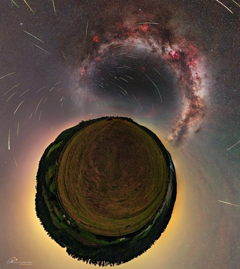 apod's tweet photo. It looks like a view from the Little Prince's planet. The featured image is a throwback to the 2024 Perseid meteor shower, surrounded in this projection by the Bieszczady Mountains in Poland. Visible in the sky is the arch of the Milky Way, along with several nebulas in red and over a hundred meteors pointing to the radiant. The Perseids are easily visible and quite popular in the Northern Hemisphere summer. (Watching meteor showers in the winter is less convenient for a good reason). This year they are expected to offer an even more dazzling spectacle than usual, because the peak coincides with a new moon. The 2026 Perseid meteor shower will peak tonight with as many as 50-100 meteors per hour, when the Earth's path crosses through debris left behind by Comet Swift-Tuttle. Typically, the best times for seeing the meteors are between midnight and pre-dawn. You won't need binoculars to see the meteors, but a lawn chair and a dark sky location help.

Image Credit & Copyright: Marcin Rosadziński Text: Cecilia Chirenti (NASA GSFC, UMCP, CRESST II)
