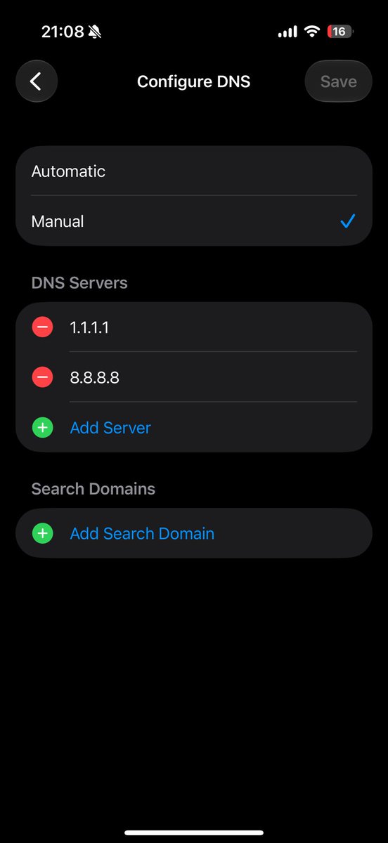 nicktradeflow's tweet photo. Si ustedes no pueden conectarse a su WIFI con MOVISTAR hagan esto:

Vayan a configuracion de su iPhone den click en ajustes > Wifi > Icono de info > DNS > Manual y colocan: 8.8.8.8 y 1.1.1.1, les debe quedar así y funciona 🔥

#movistar #caido https://t.co/mlgLrXJXKg