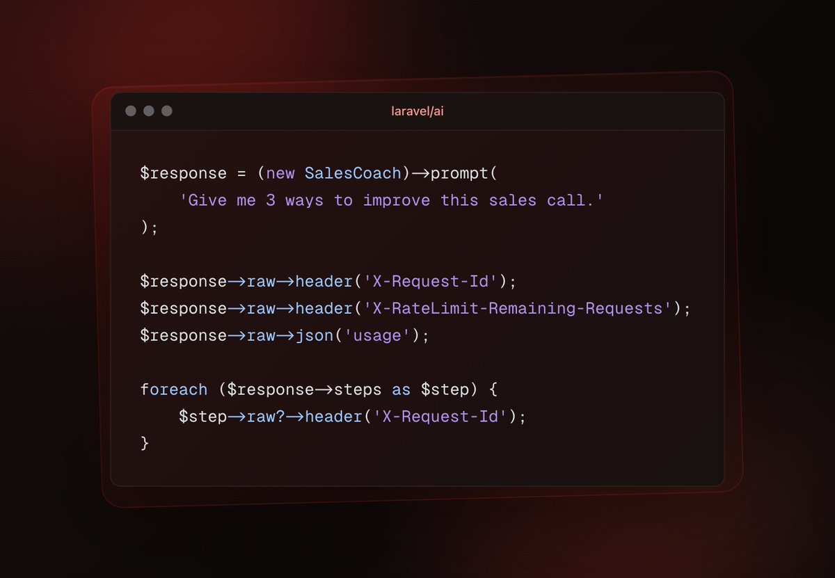 pushpak1300's tweet photo. Laravel AI SDK just got a lil more powerful 👀

You can now grab the raw HTTP response straight from your AI provider with $response->raw.

Rate limits, request IDs, provider payloads, all the juicy low-level stuff is right there.⚡️ https://t.co/5DBAZ3Fk7T