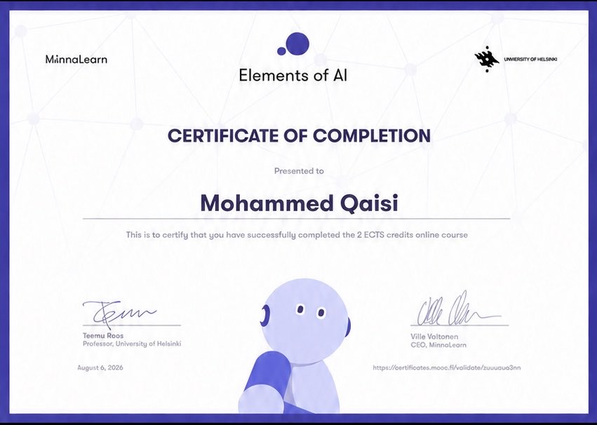 mq2030mm's tweet photo. الحمد لله، أنجزت دورة Elements of AI من جامعة هلسنكي (University of Helsinki) 🎓🤖

إنجاز جديد وخطوة مهمة في رحلتي نحو التعمق في علوم الحاسب والذكاء الاصطناعي، والقادم أجمل بإذن الله 🚀

#ElementsOfAI #AI #ComputerScience https://t.co/6Djb8S6RdE