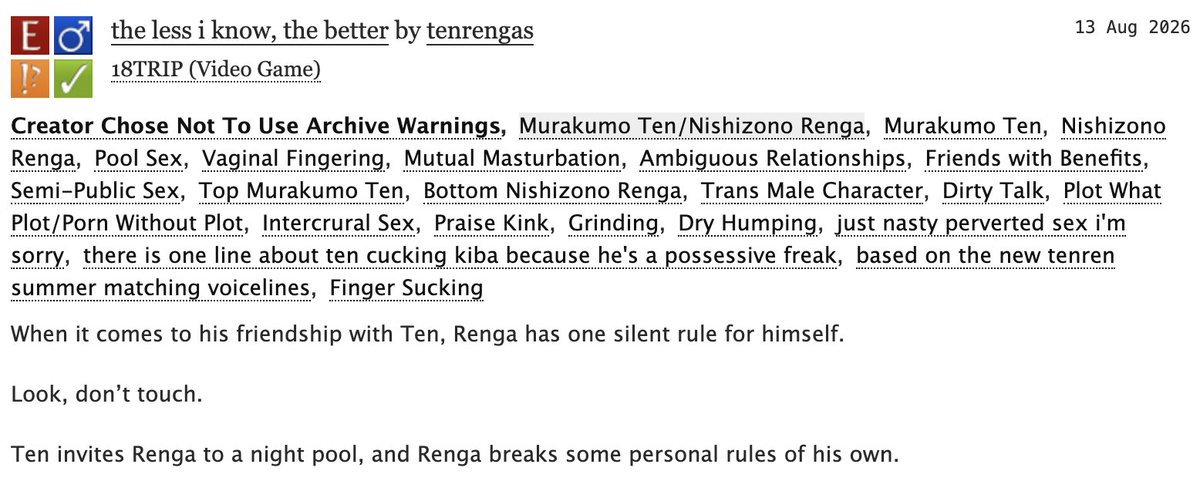 zephyrsveil's tweet photo. "the less i know, the better"
ten invites renga to a night pool, and renga breaks some personal rules of his own.
#tenren 添練 18trip, 3.7k words, pwp 🔞
https://t.co/U11WABVycY https://t.co/vNwGdPNPH7