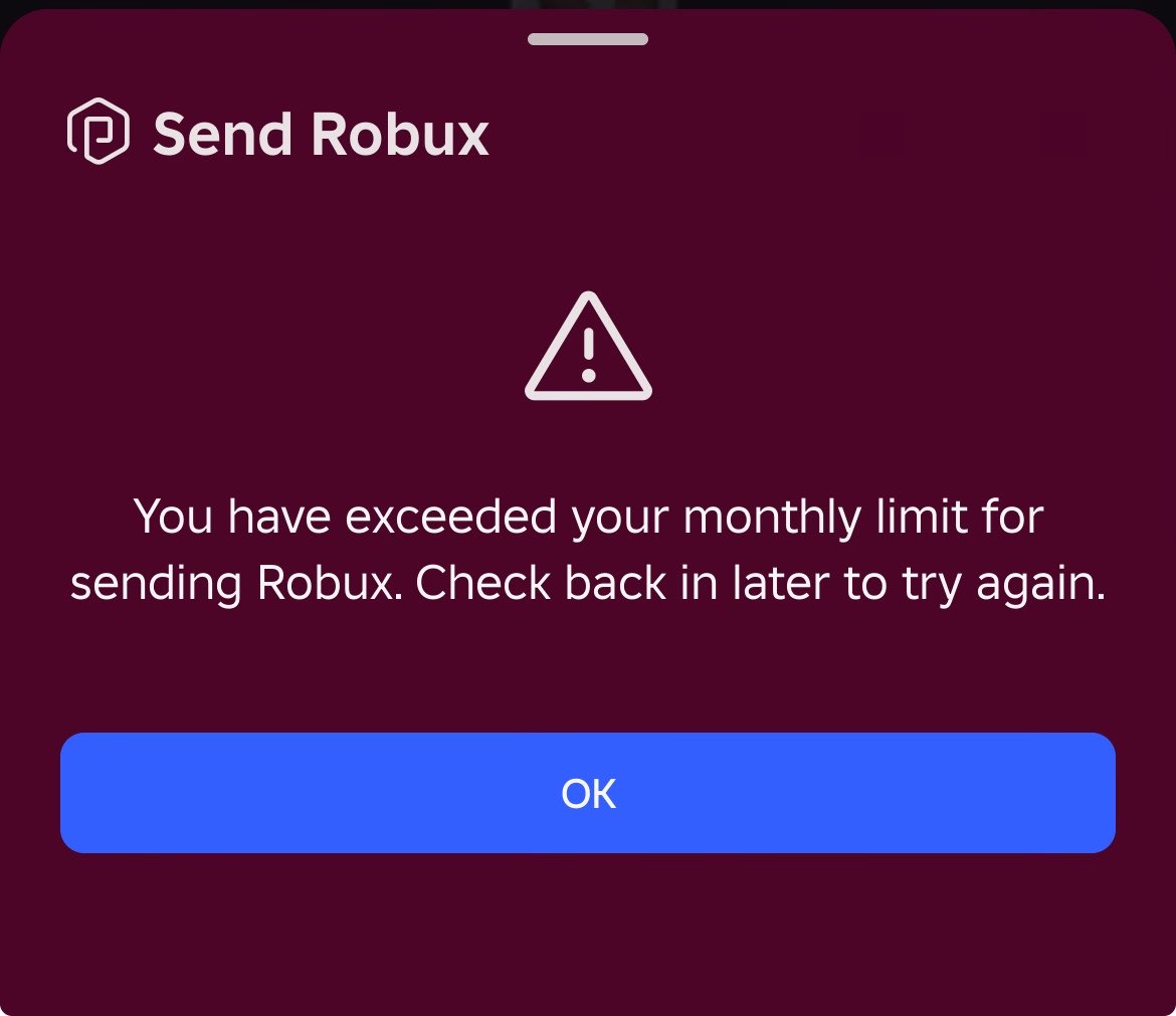 syrakyooz's tweet photo. roblox gotta remove the robux limit bro 🫩 

like i dont care if i’d have to verify with a passkey for every attempt after a certain amount but outright blocking it for the rest of the month is too much https://t.co/ujUhPV9DJO