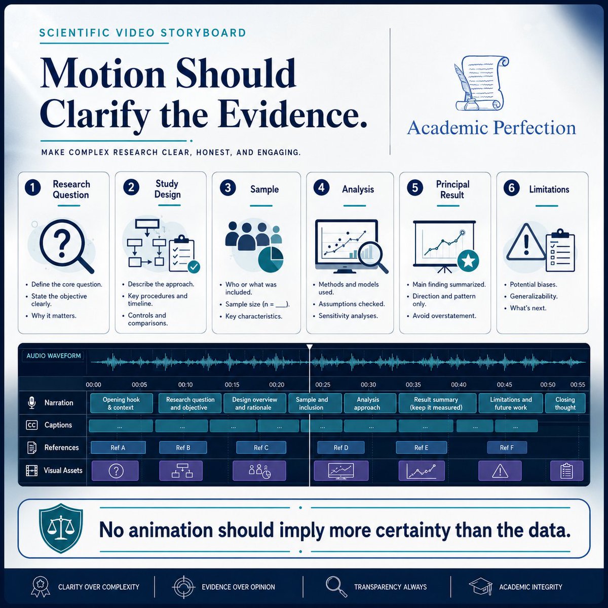 AcademPerfect's tweet photo. Scientific video can amplify clarity—or overstatement. The script should preserve the question, design, sample, result, uncertainty, and limitations. Animation must not imply mechanisms or causality the study did not test.
#academicperfection #ScientificVideo https://t.co/U7MEND92f6