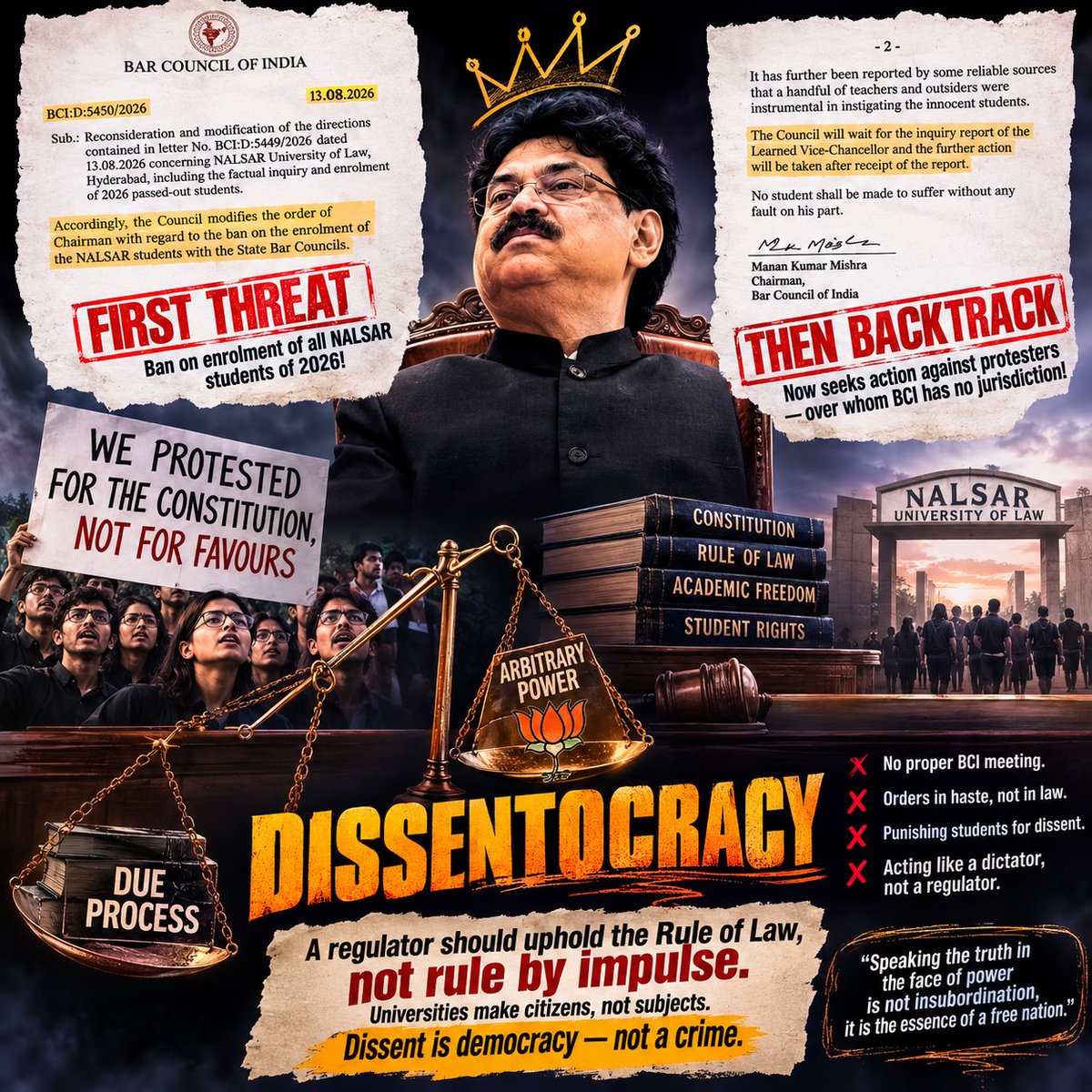 SFatima46894's tweet photo. Dissent is not defiance; it is democracy in action.
When power forgets due process, accountability must remind it.
#dontmisleadonmiddaymeal
#BarandBench
#MannanMishra
#NALSAR
#80thindependenceday2026
#BarcouncilofIndia https://t.co/ardlK8wzrF