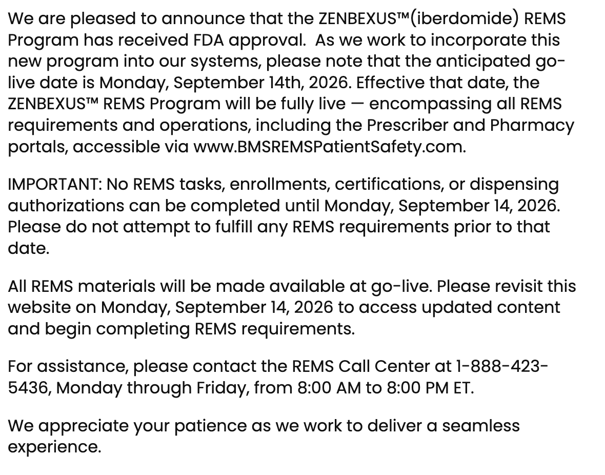 ZENBEXUS iberdomide REMS Program notice confirming FDA approval of the REMS and anticipated go-live date of September 14 2026