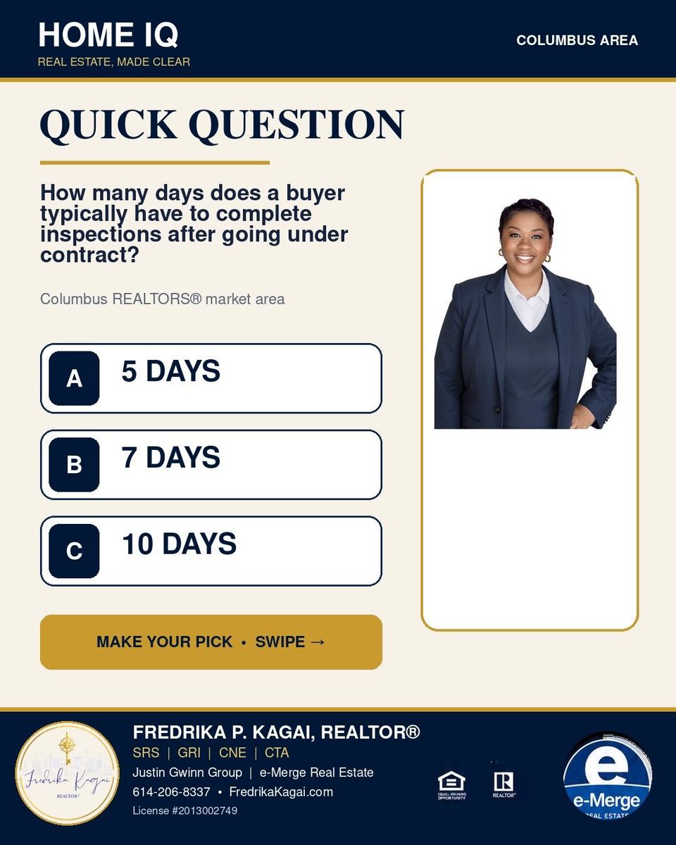 FPKagai's tweet photo. The home inspection clock is ticking ⏰
Once a Columbus buyer goes under contract, what is the typical inspection period?
A. 5 days B. 7 days C. 10 days
Choose first, then check image 2.
Buying soon? Let’s build your strategy before the offer. DM me or call/text 614-206-8337. https://t.co/izD5MhpDF1