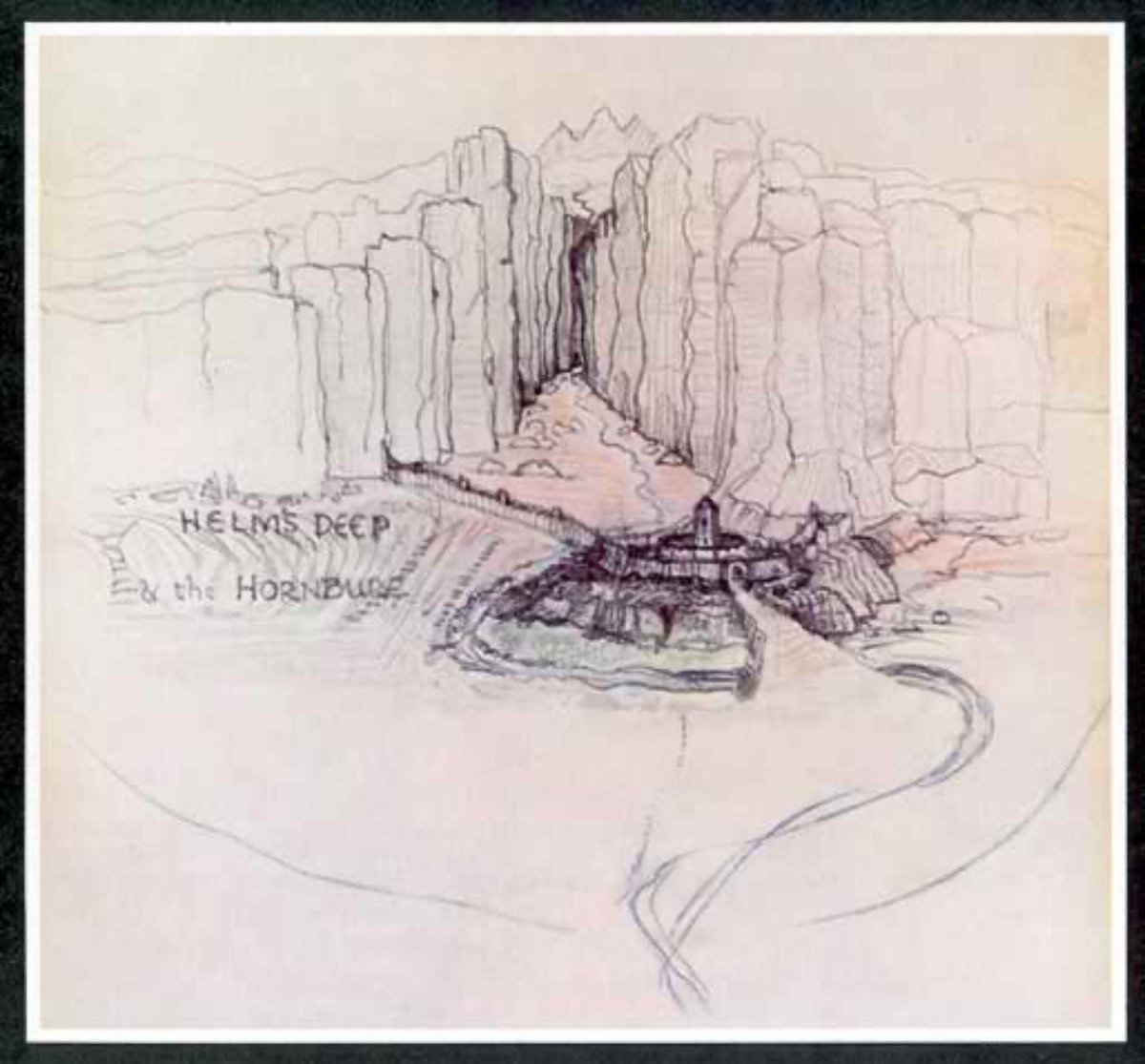 JRRTolkien's tweet photo. An early Tolkien illustration of Helm’s Deep -  he drew on the back of one of his student’s papers. https://t.co/O1QSyBXWZF