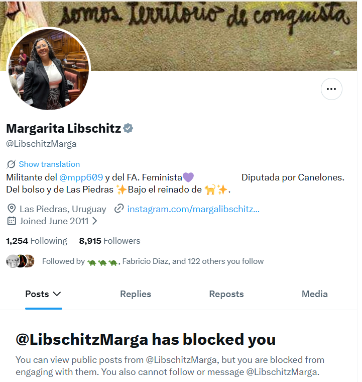 riverafrutos's tweet photo. Buen día, me bloqueó Margarita Libschitz Primera Vicepresidente de la Cámara de Representantes, parece que no le gustó que publicara que no terminó el liceo y tiene un curso de cerámica.
Tristeza total😂😂 https://t.co/F3Y0EimzKY