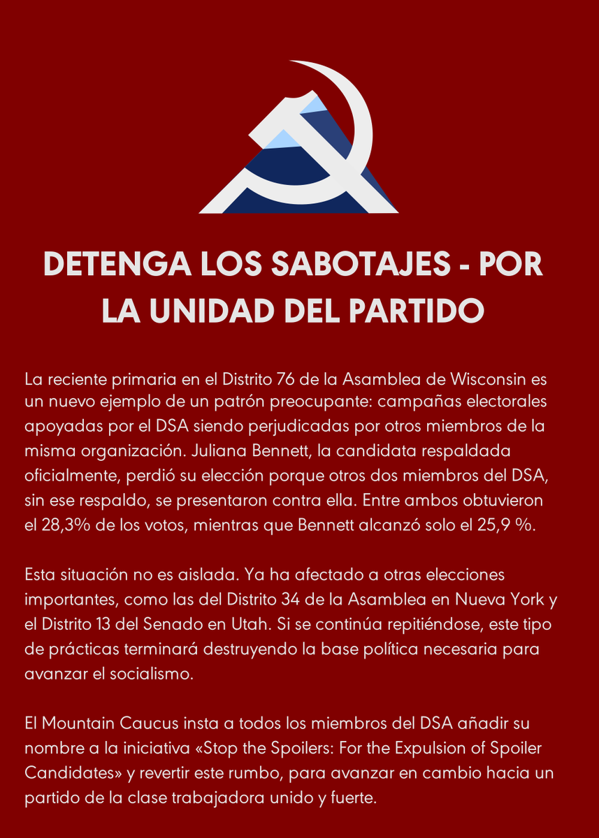 MountainDSA's tweet photo. Mountain Caucus insta a todos los miembros de la DSA a abogar por la unidad del partido y a respaldar la resolución «Stop the Spoilers: For the Expulsion of Spoiler Candidates». 

La guerra por la hegemonía socialista solo puede ganarse mediante la unidad de la clase trabajadora. https://t.co/FnAwG3RUbd