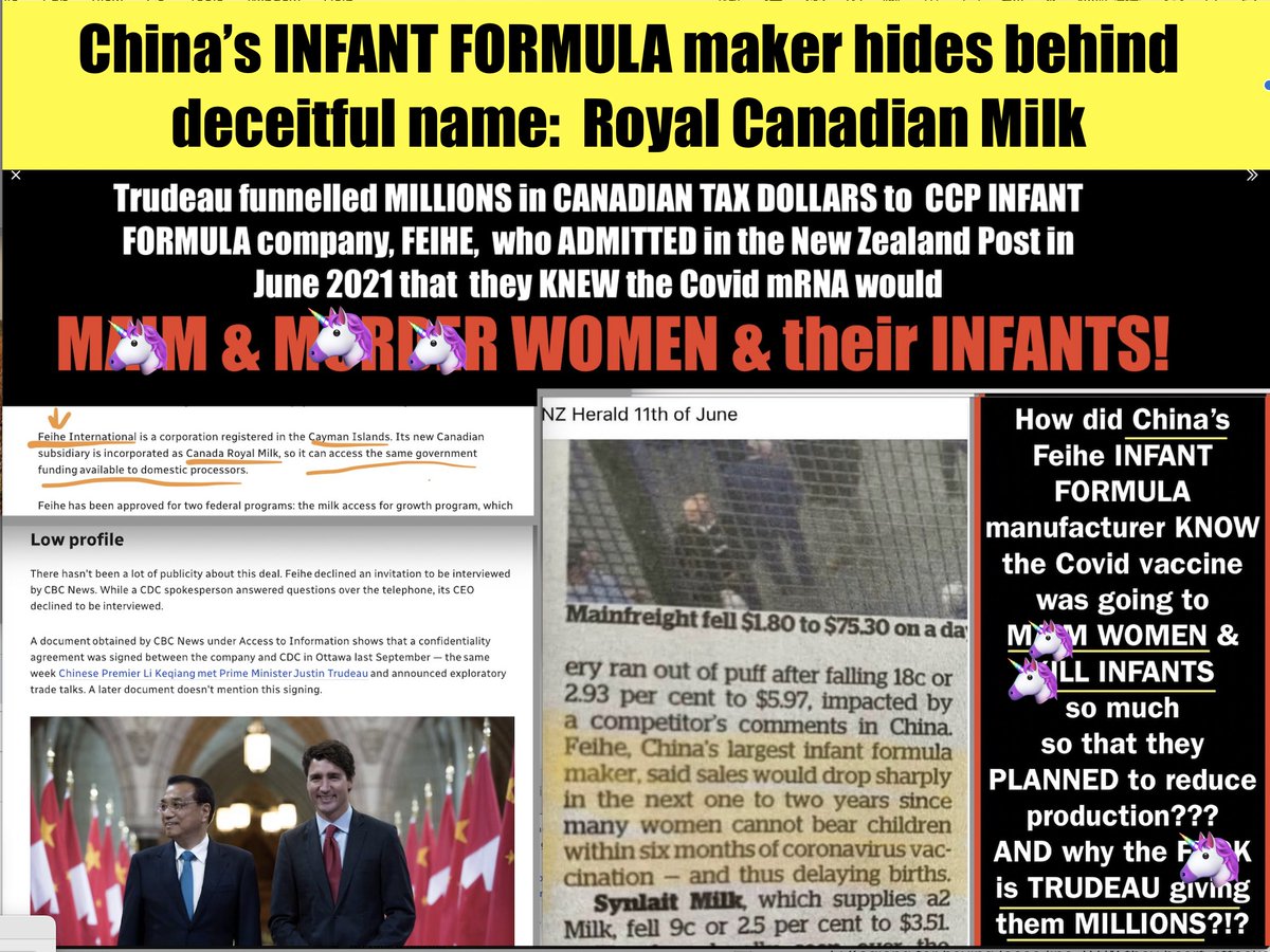 CryHarderLibtrd's tweet photo. @elonmusk @JustinTrudeau how did CHINA🇨🇳 know the mRNA was an AMERICAN BABY KILLER before June 2021?🧐
.
#CCP-owned #FEIHE INFANT FORMULA Corp, selling under PSEUDO NAMES in USA & CDA, KNEW the mRNA would #MAIM/#MURDER👉#WOMEN/#iNFANTS, so they #BUDGETED to "SHARPLY" cut back production https://t.co/gOUG6xBKTI
