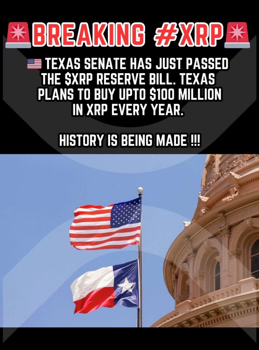 edofarinaalpha's tweet photo. TEXAS SENATE HAS JUST PASSED THE $XRP RESERVE BILL. TEXAS PLANS TO BUY UPTO $100 MILLION IN XRP EVERY YEAR.
HISTORY IS BEING MADE !!!
#TRUMP #AMERICA #GENIUS https://t.co/XPorkR6Y1a