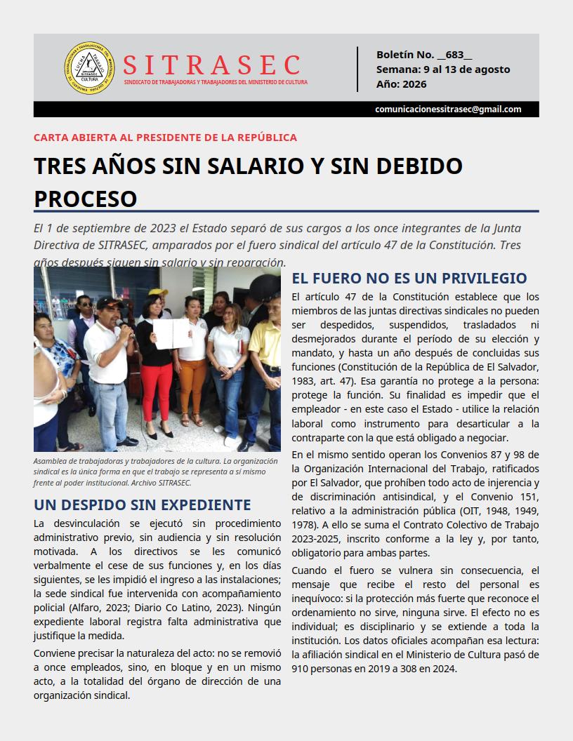 SITRASEC1's tweet photo. 🎴Ante los último acontecimientos suscitados sobre la salida de 🇸🇻de la lista de países señalados por violaciones a los derechos laborales, compartimos nuestro boletín informativo. N° 683 @OITnoticias @culturasv @RolandoCastroSv @suecallejas @nayibbukele https://t.co/TJh4kq5RYs