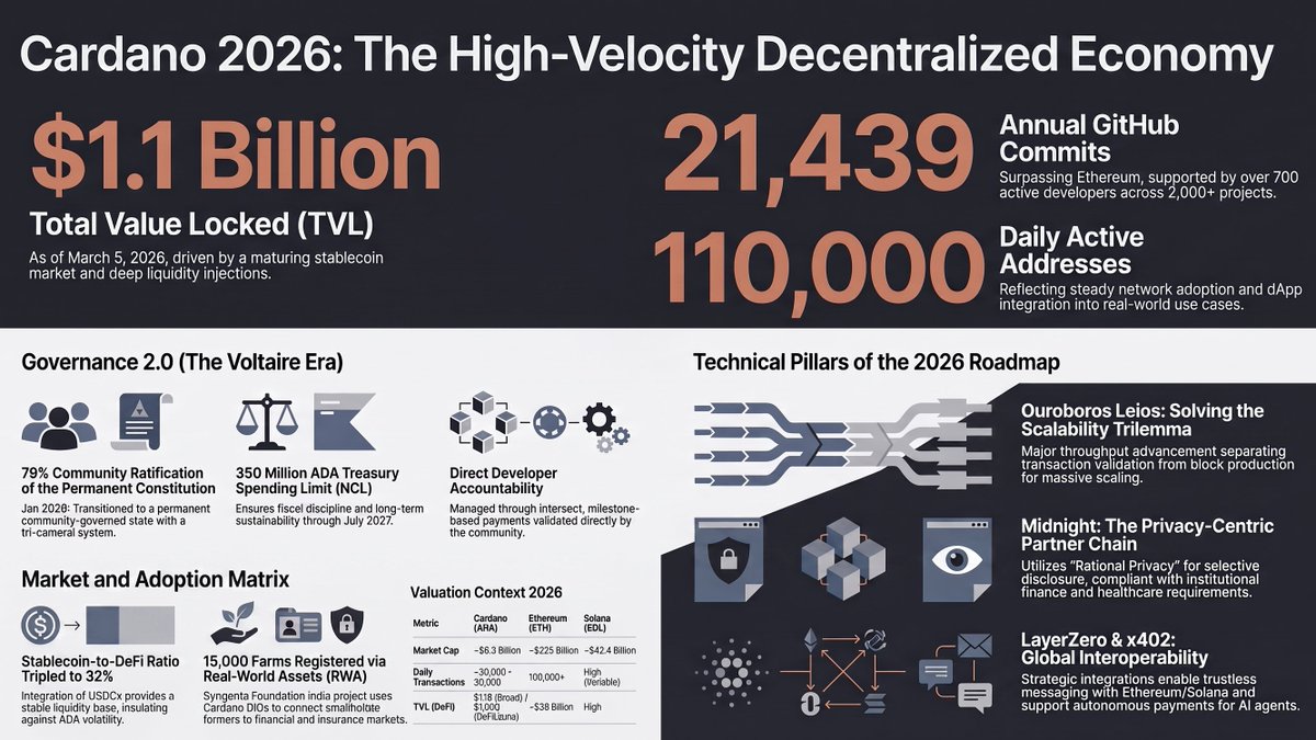 CoinReviewNet's tweet photo. Cardano 2026: The High-Velocity Decentralized Economy! 🔵⚡️

$1.1B TVL, 21,439 annual GitHub commits, &amp; 110,000 daily active addresses powering$ADA growth!

Explore the full ecosystem breakdown below in comments! 👇

Not financial advice. DYOR ! #Cardano #ADA https://t.co/LDLP3c8rFP
