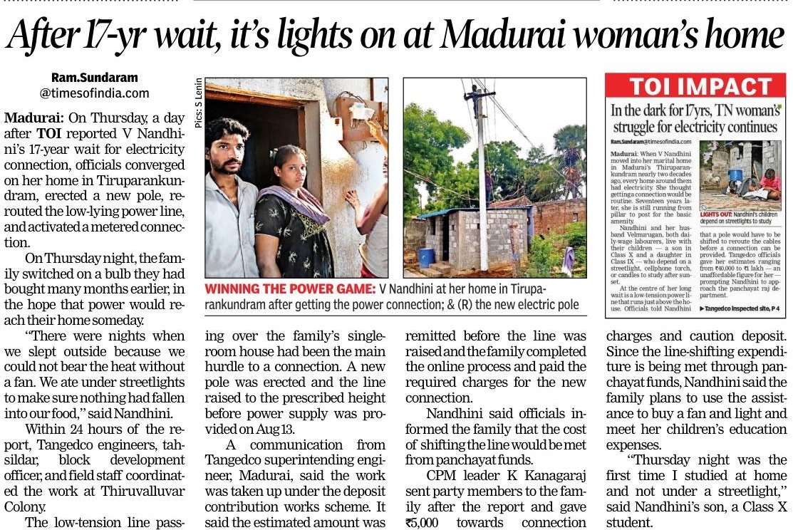 ramsundaramTOI's tweet photo. TOI IMPACT: Within 24 hours of our news article, the woman's home got electricity after a 17-year wait. 

@CTR_Nirmalkumar @timesofindia https://t.co/2XVm136Mil
