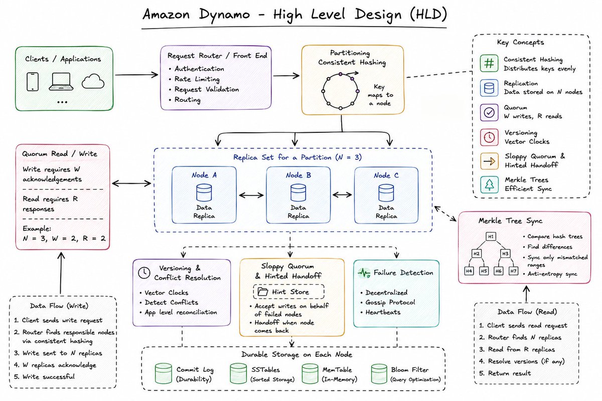 devXritesh's tweet photo. System Design Case Study:

Dynamo: The Amazon paper that changed distributed databases

What happens when your database goes down while millions of users are shopping?

Amazon didn't want the answer to be:

"Everything stops."

That's why Dynamo was designed around a different idea:

Failures are inevitable. The system should keep working anyway.

1. Partition the data

Dynamo uses consistent hashing to distribute keys across nodes.

"user:101 → Node A"
"user:102 → Node B"
"user:103 → Node C"

Adding or removing nodes doesn't require reshuffling everything.

2. Replicate everything important

"user:101 → A + B + C"

If Node A fails, another replica can still serve the data.

3. Use quorum reads/writes

"N = replicas"
"W = write acknowledgements"
"R = read acknowledgements"

Example: "N=3, W=2, R=2"

The system can continue operating even when a replica is unavailable.

4. Expect conflicts

Two replicas can have different versions.

Dynamo used vector clocks to detect conflicting versions and supported application-level reconciliation.

5. Survive node failures

With sloppy quorum + hinted handoff, another healthy node can temporarily accept data for a failed node.

When it recovers, the data can be handed back.

6. Keep replicas synchronized

Dynamo used Merkle trees to efficiently identify differences between replicas instead of comparing every key.

The bigger lesson:

Dynamo wasn't just another database.

It changed how engineers think about distributed systems:

Don't design for a world where nothing fails.

Design for:

• Node failures
• Network failures
• Conflicting data
• Partial outages
• Recovery

And always ask:

When something fails, what are we willing to sacrifice consistency, availability, latency, or durability?