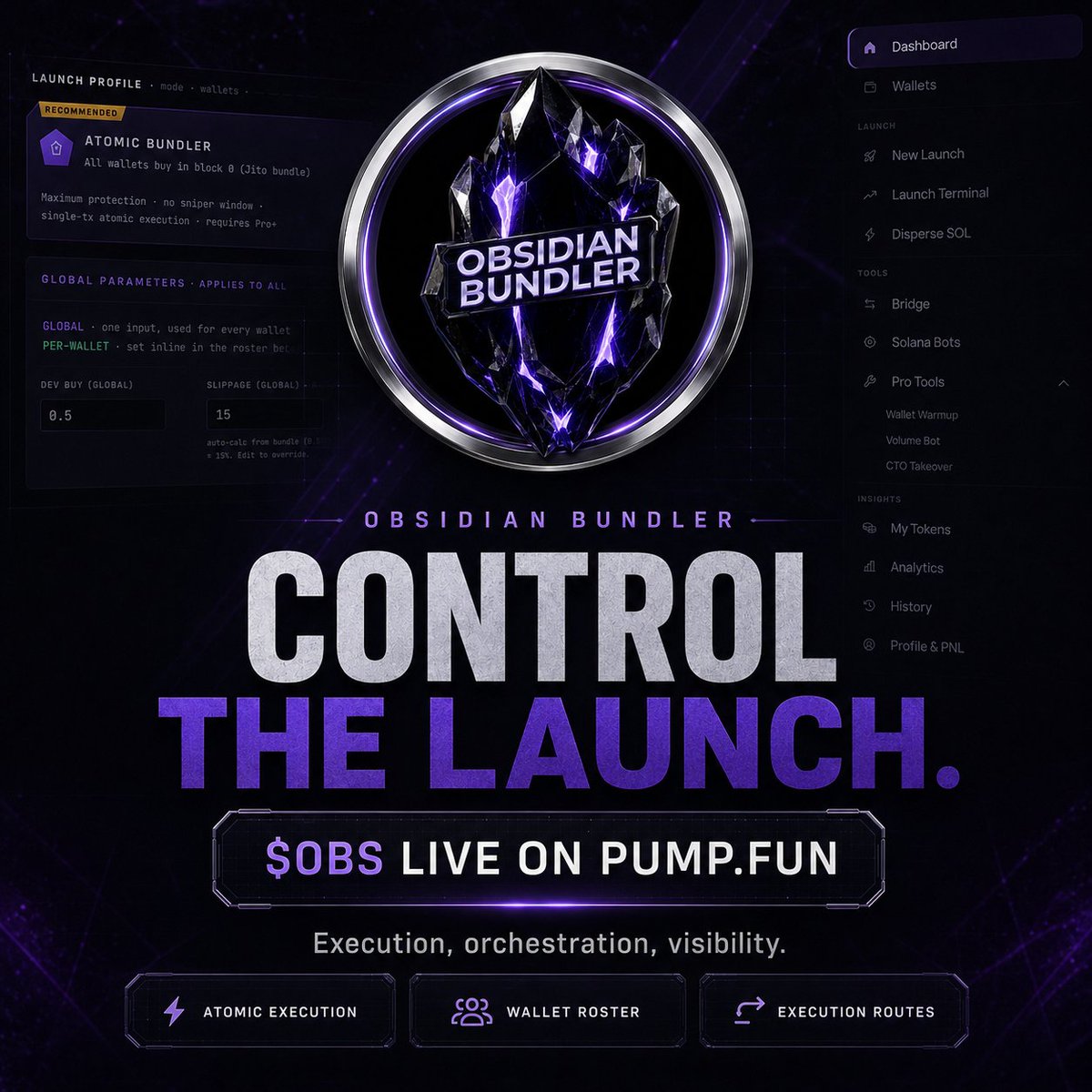 obsidianbundler's tweet photo. Launch Control is where Obsidian starts making sense.

Set the launch, wallets, buys and execution from one place. No jumping between five different tools just to get a token live properly.

That’s what $OBS is attached to.

#Solana #PumpFun #DeFi https://t.co/ToGSrq9bAA